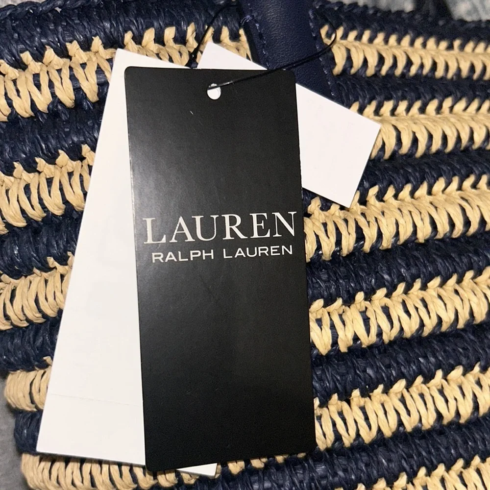 Lauren Ralph Lauren Striped Navy and Natural Woven Tote Bag - Picture 12 of 16